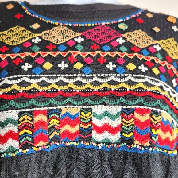 Zara Trafaluc Embroidered Tulle Sheer Beaded Boho Top Black Multicolor Size L - Picture 5 of 5